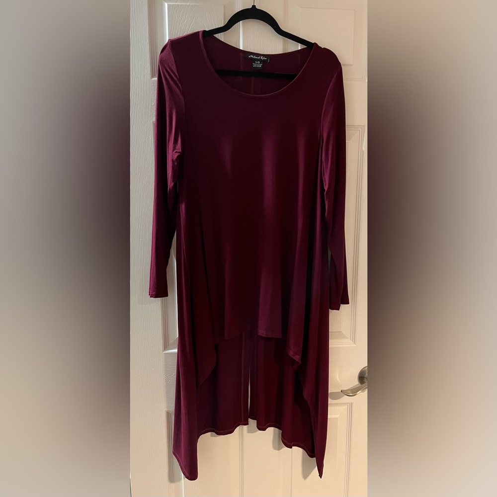 NWOT beautiful women’s Michael Tyler burgandy long sleeve high/low dress shirt.